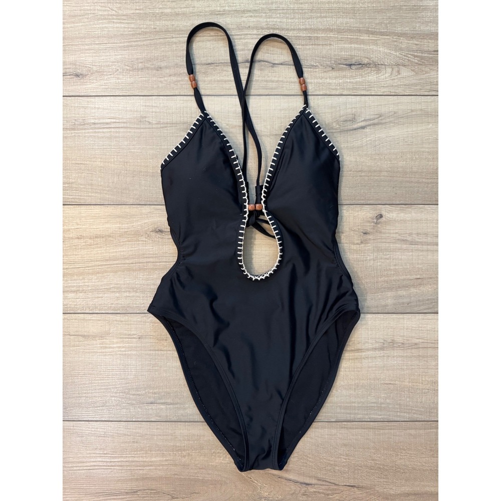 Shade & Shore Keyhole One Piece Swimsuit Womens S Black Whipstitch Bead Detail